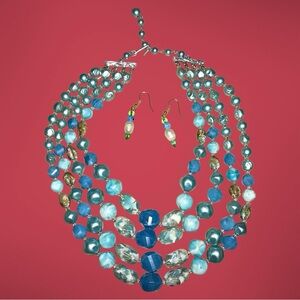 Vintage Four Layered Blue Japan Necklace and Earrings